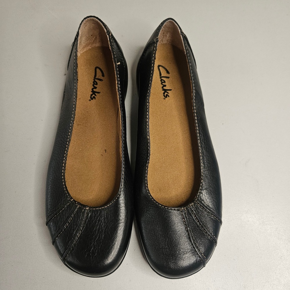 Clarks Womens Black Leather Ballet Flats Slip On Comfort Shoes 7.5M 84696